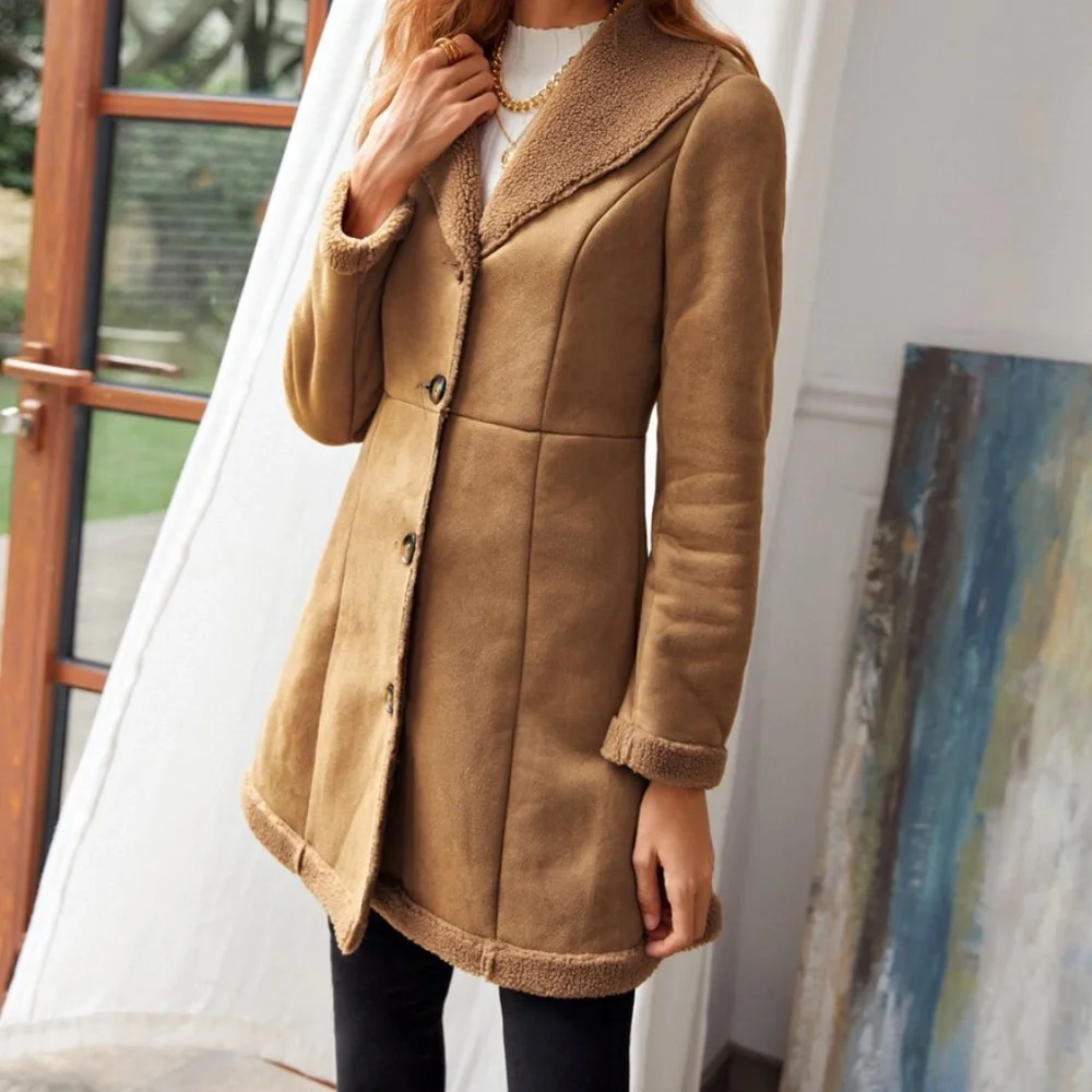 Cozy Camel Tan Sherpa Lined Vegan Suede Jacket Coat - Picture 4 of 7